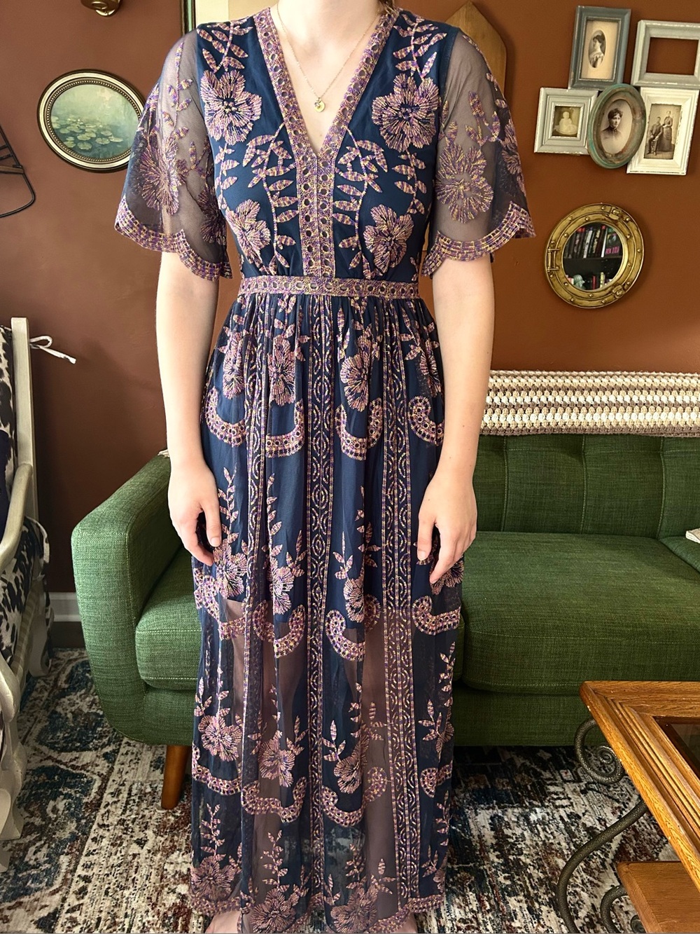 Altar’d State Embroidered Maxi Dress Sheer Navy Pink Flowy Boho Lace Size Small